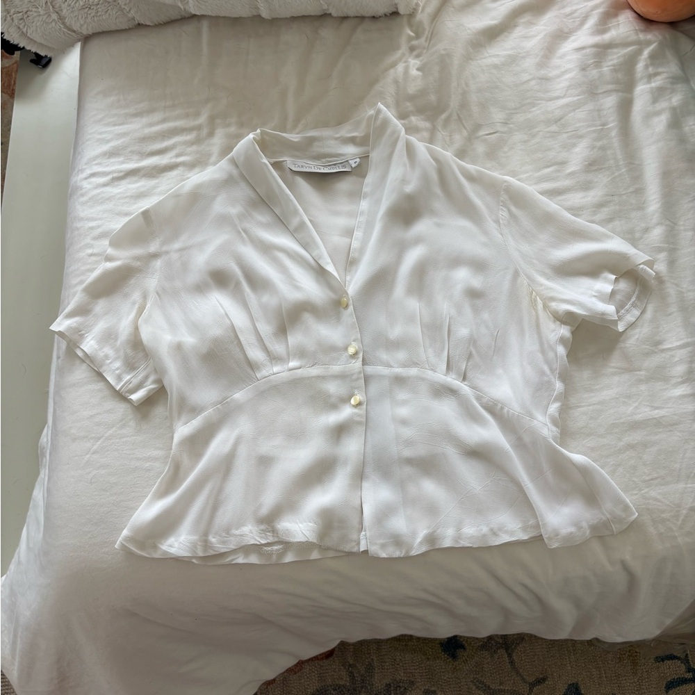 White Peplum Blouse with Notched Collar and Short Sleeves